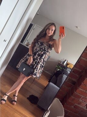 Floral Spaghetti-Strap Black Dress with Pink Floral Print